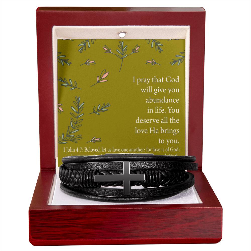 God's Love Faith 1 John 4 :7 Men's Stainless Steel & Vegan Leather Cross Bracelet - Vegan Leather with Stainless Steel-Express Your Love Gifts