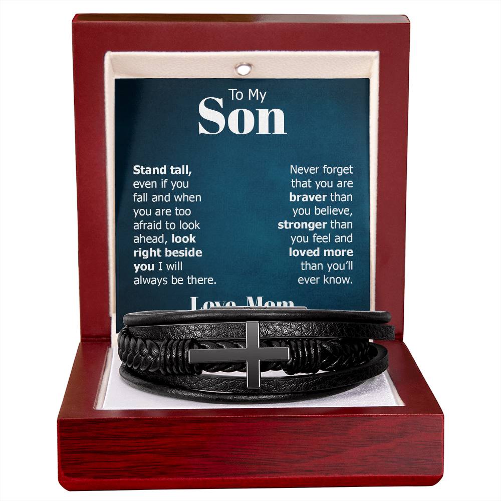 To My Son Stand Tall Even if You Fall Men's Cross Bracelet - Vegan Leather with Stainless Steel-Express Your Love Gifts