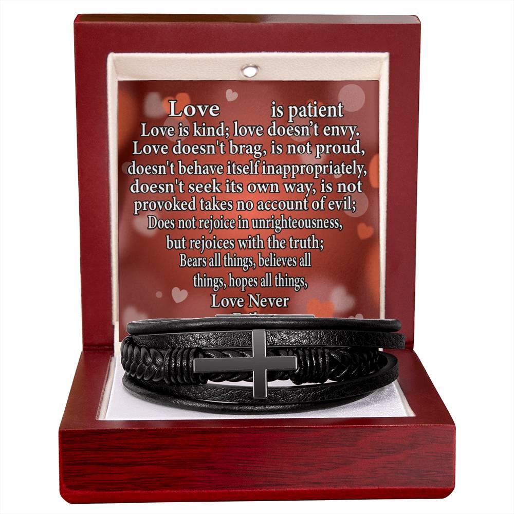 Love is Corinthians Men's Stainless Steel & Vegan Leather Cross Bracelet - Vegan Leather with Stainless Steel-Express Your Love Gifts