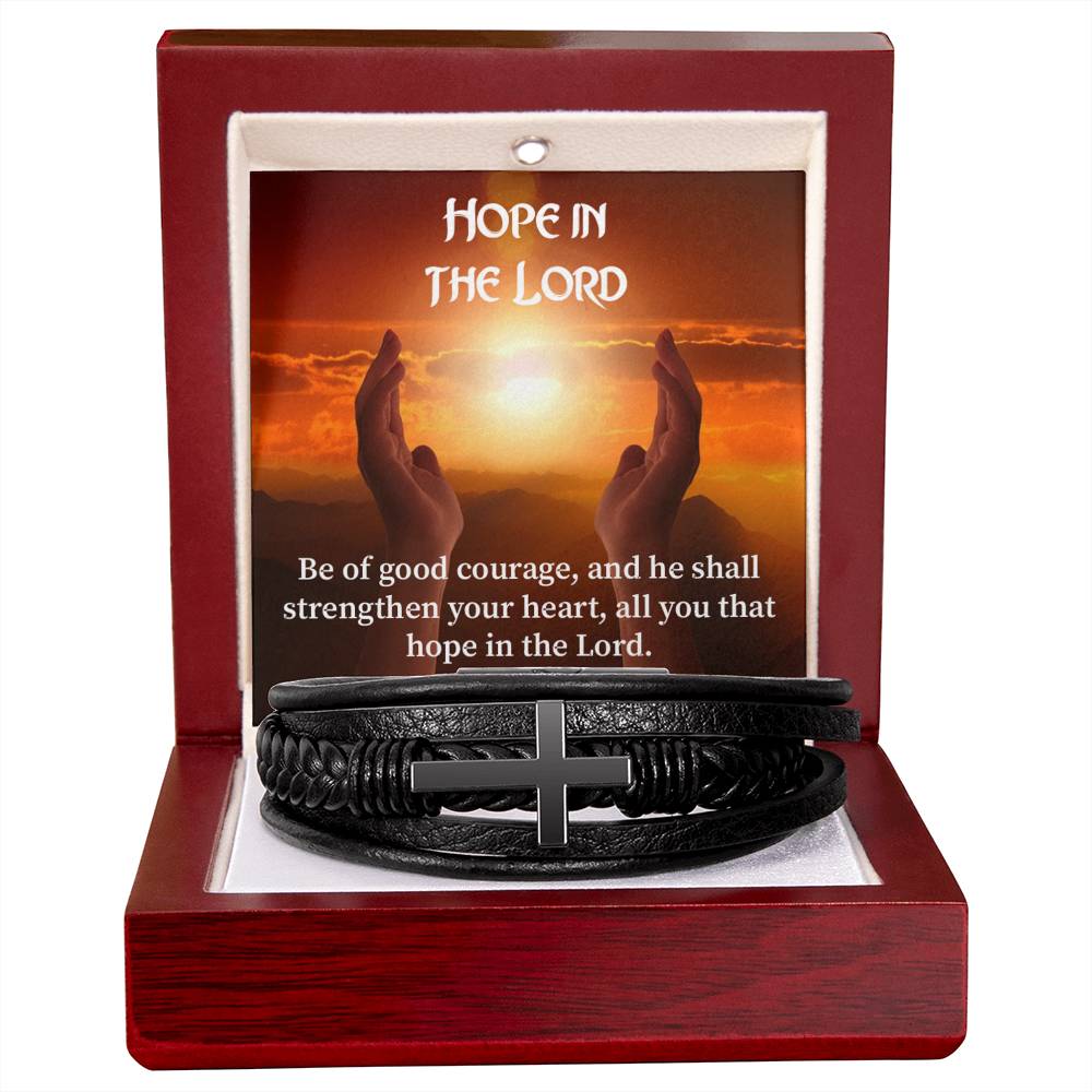 Hope in The Lord Psalm 31:24 Men's Stainless Steel & Vegan Leather Cross Bracelet - Vegan Leather with Stainless Steel-Express Your Love Gifts