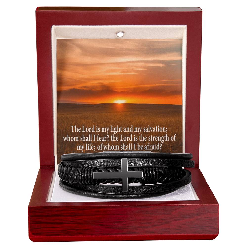 Lord is My Salvation Psalm 27:1 Men's Stainless Steel & Vegan Leather Cross Bracelet - Vegan Leather with Stainless Steel-Express Your Love Gifts