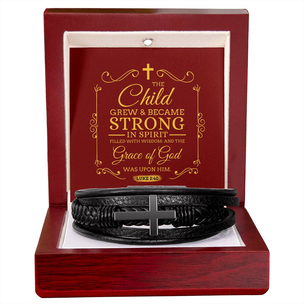 Grace of God Luke 2:40 Men's Stainless Steel & Vegan Leather Cross Bracelet - Vegan Leather with Stainless Steel-Express Your Love Gifts