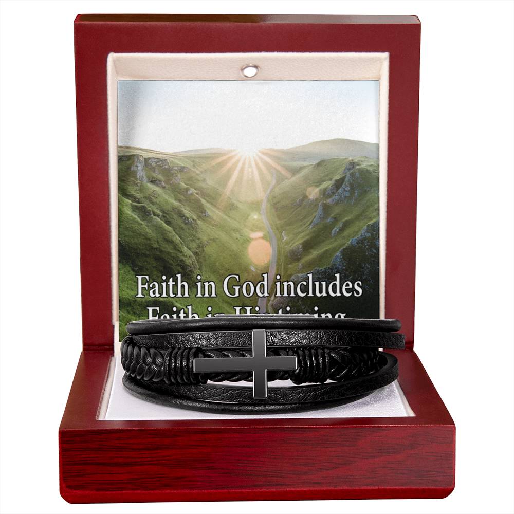 Faith in God's Timing Men's Stainless Steel & Vegan Leather Cross Bracelet - Vegan Leather with Stainless Steel-Express Your Love Gifts