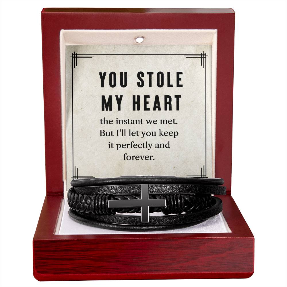 My To Man You Stole My Heart Men's Cross Bracelet - Vegan Leather with Stainless Steel-Express Your Love Gifts