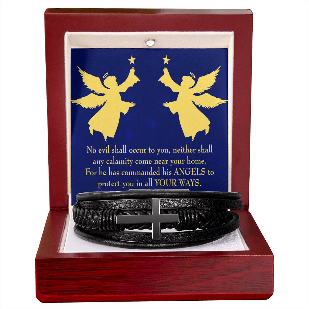 Angels Over You Psalm 91 Men's Stainless Steel & Vegan Leather Cross Bracelet - Vegan Leather with Stainless Steel-Express Your Love Gifts
