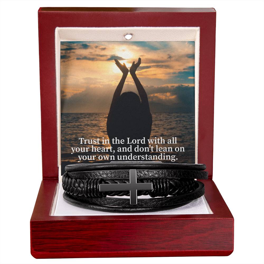 Trust in the Lord Proverbs 3:5 Men's Stainless Steel & Vegan Leather Cross Bracelet - Vegan Leather with Stainless Steel-Express Your Love Gifts