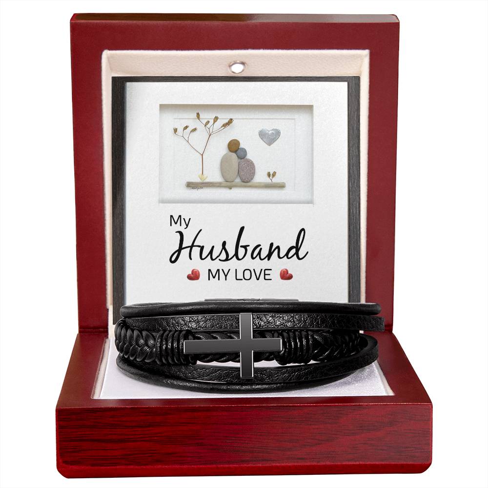 My Husband My Love Men's Cross Bracelet - Vegan Leather with Stainless Steel-Express Your Love Gifts