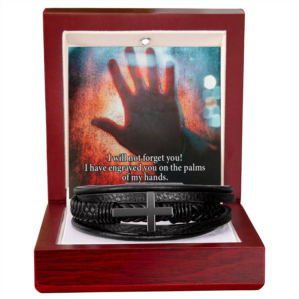 I Will Not Forget You Isaiah 49:16 Men's Stainless Steel & Vegan Leather Cross Bracelet - Vegan Leather with Stainless Steel-Express Your Love Gifts