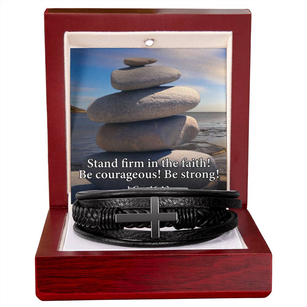 Stand Firm in Faith 1 Corinthians 16:13 Men's Stainless Steel & Vegan Leather Cross Bracelet - Vegan Leather with Stainless Steel-Express Your Love Gifts