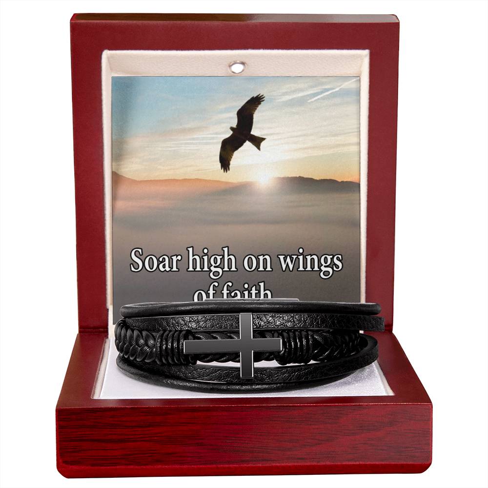 Soar High on Faith in Lord Isaiah 40:31 Men's Stainless Steel & Vegan Leather Cross Bracelet - Vegan Leather with Stainless Steel-Express Your Love Gifts