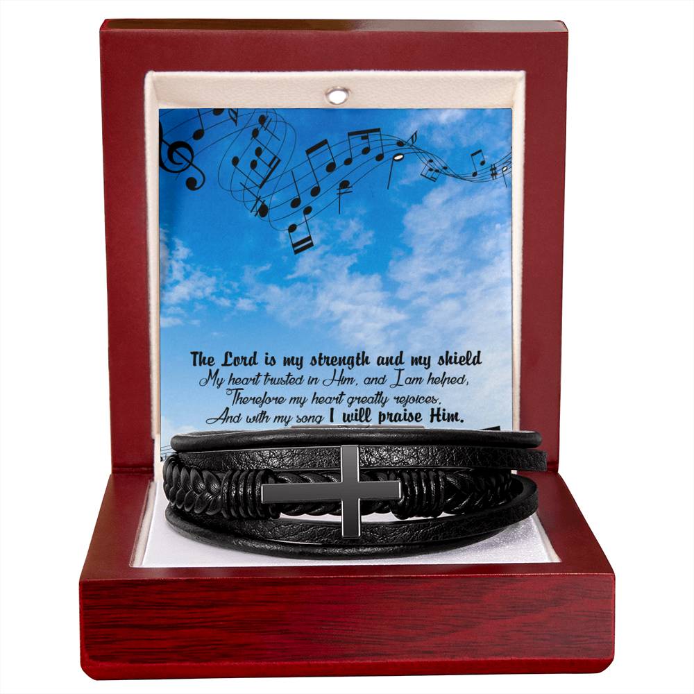 Lord is My Strength Psalm 28:7 Men's Stainless Steel & Vegan Leather Cross Bracelet - Vegan Leather with Stainless Steel-Express Your Love Gifts