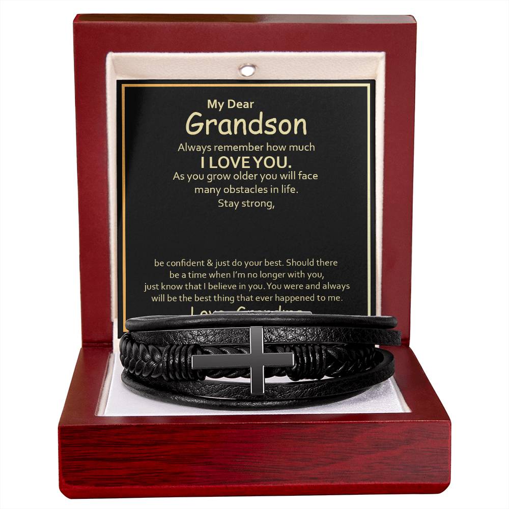 To My Grandson Always Remember How Much I Love You Men's Cross Bracelet - Vegan Leather with Stainless Steel-Express Your Love Gifts