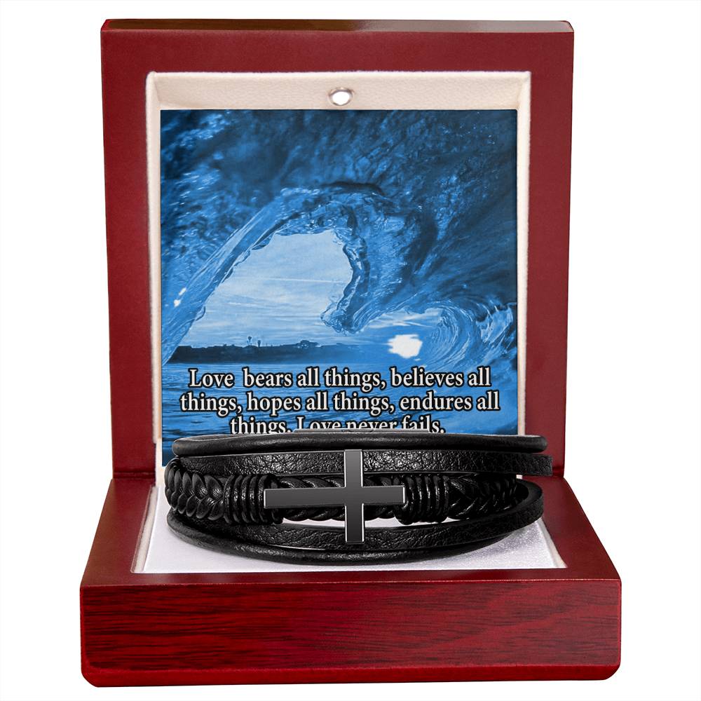 Love Bears All Water 1 Corinthians 13:7‭-‬8 Men's Stainless Steel & Vegan Leather Cross Bracelet - Vegan Leather with Stainless Steel-Express Your Love Gifts