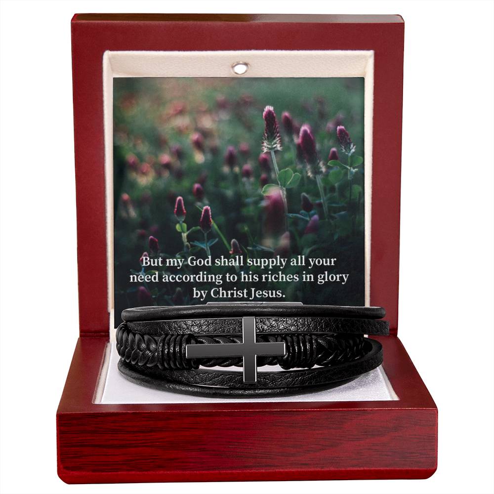 God Supply All Your Need Philippians 4:19 Men's Stainless Steel & Vegan Leather Cross Bracelet - Vegan Leather with Stainless Steel-Express Your Love Gifts