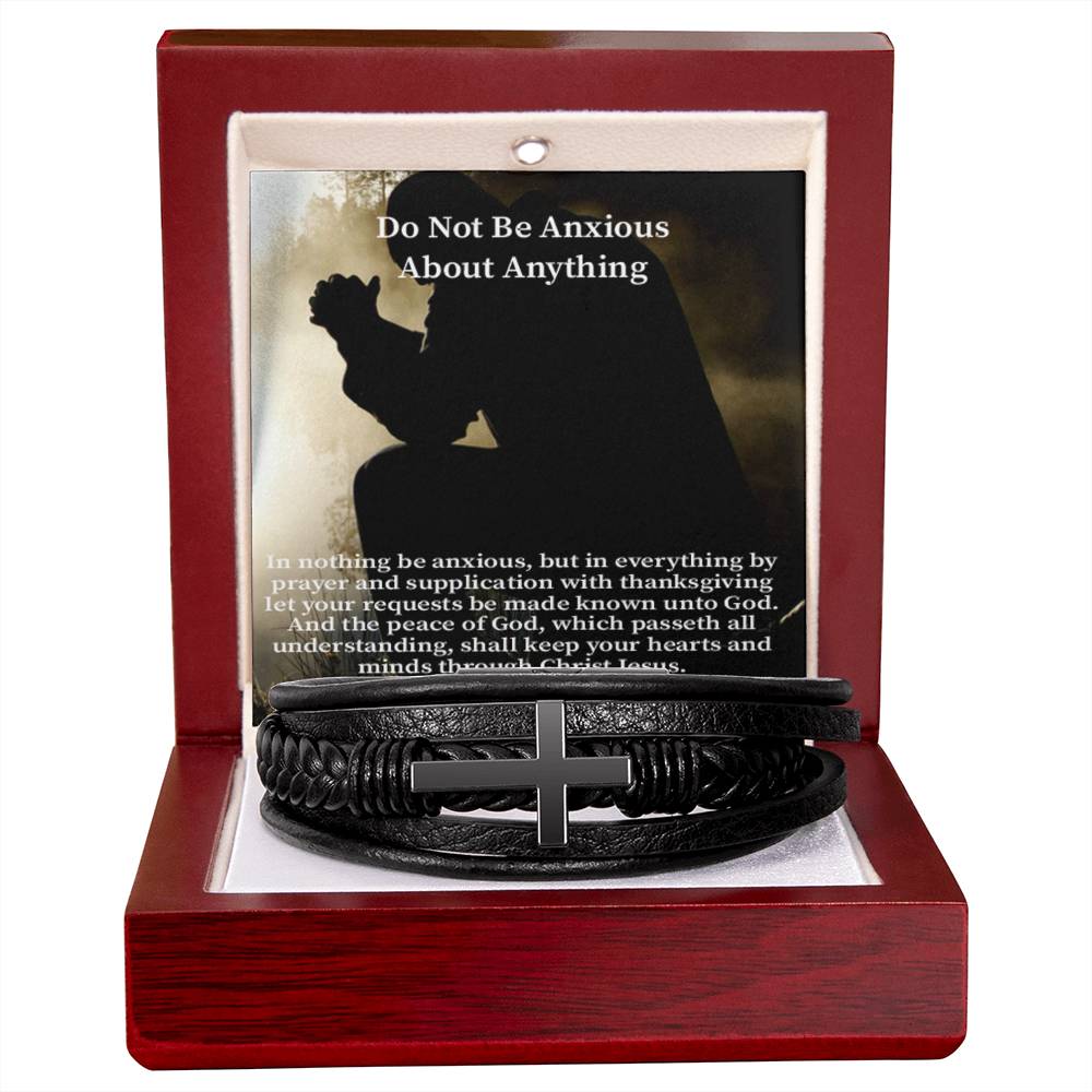 Do Not be Anxious About Anything Philippians 4:6-7 Men's Stainless Steel & Vegan Leather Cross Bracelet - Vegan Leather with Stainless Steel-Express Your Love Gifts