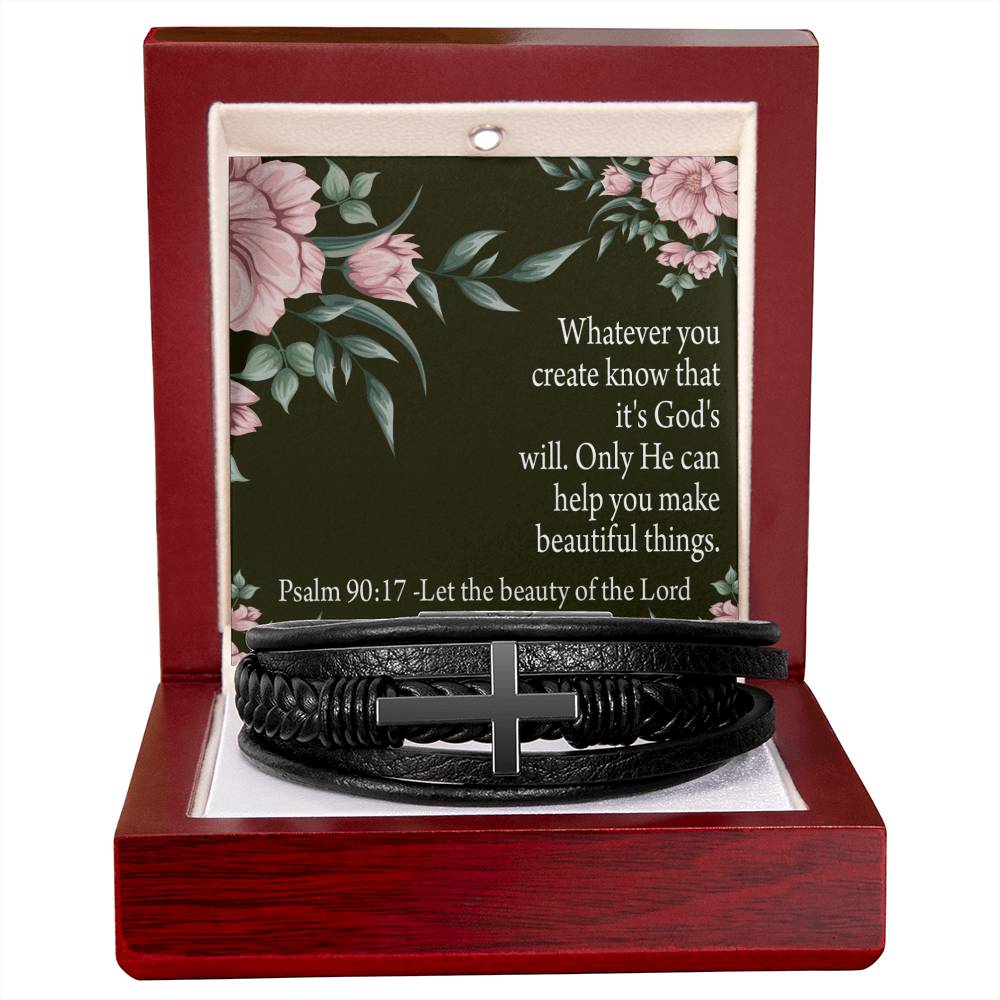 God's Will & Beauty Psalm 90:17 Men's Stainless Steel & Vegan Leather Cross Bracelet - Vegan Leather with Stainless Steel-Express Your Love Gifts