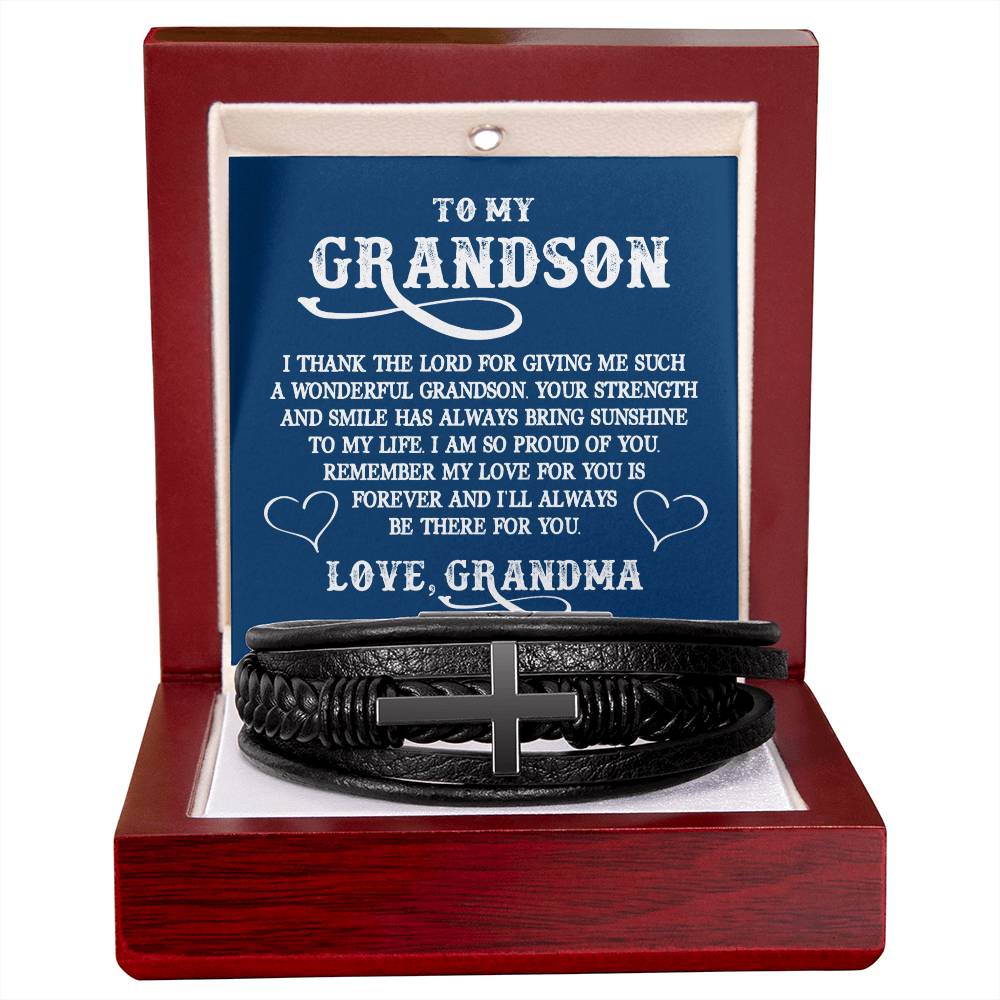 To My GrandSon I Thank The LORD For Giving Me Such Men's Cross Bracelet - Vegan Leather with Stainless Steel-Express Your Love Gifts