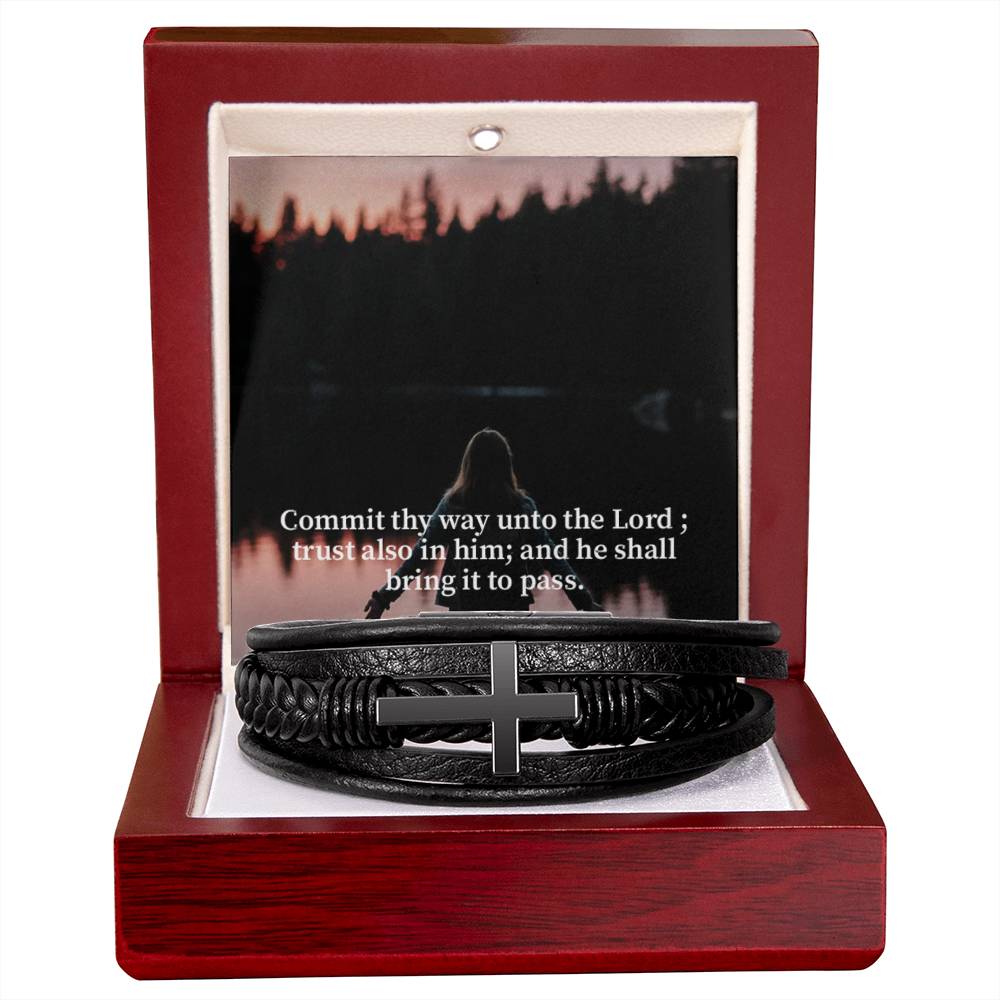 Commit Psalm 37:5 Men's Stainless Steel & Vegan Leather Cross Bracelet - Vegan Leather with Stainless Steel-Express Your Love Gifts