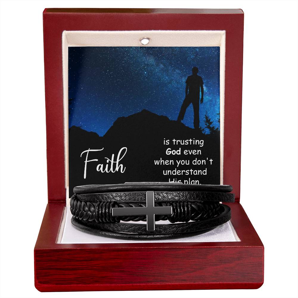 Faith is Trusting God Even When You Don't Men's Stainless Steel & Vegan Leather Cross Bracelet - Vegan Leather with Stainless Steel-Express Your Love Gifts