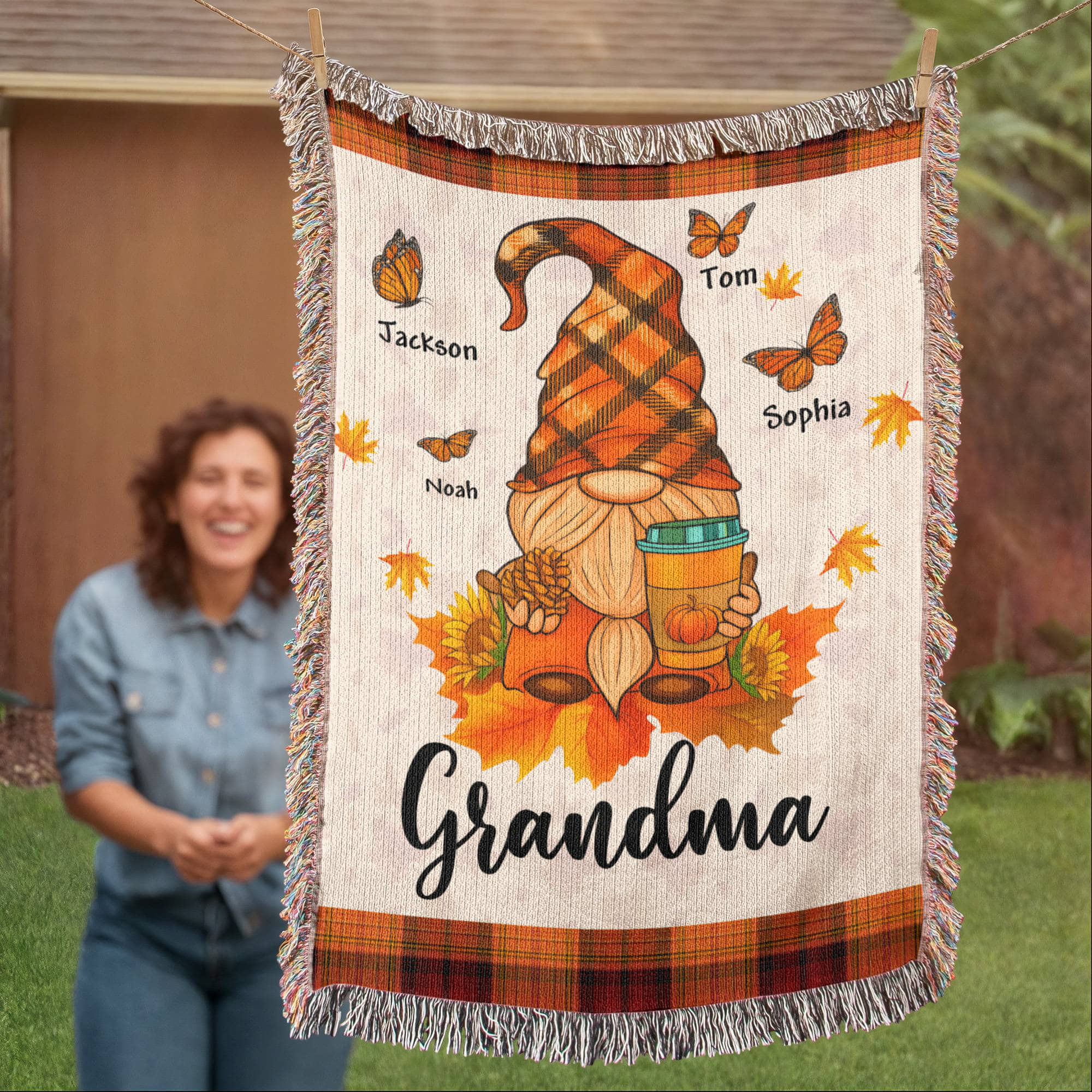 Personalized Heirloom Artwork Woven Blanket Gnome Grandma-Express Your Love Gifts