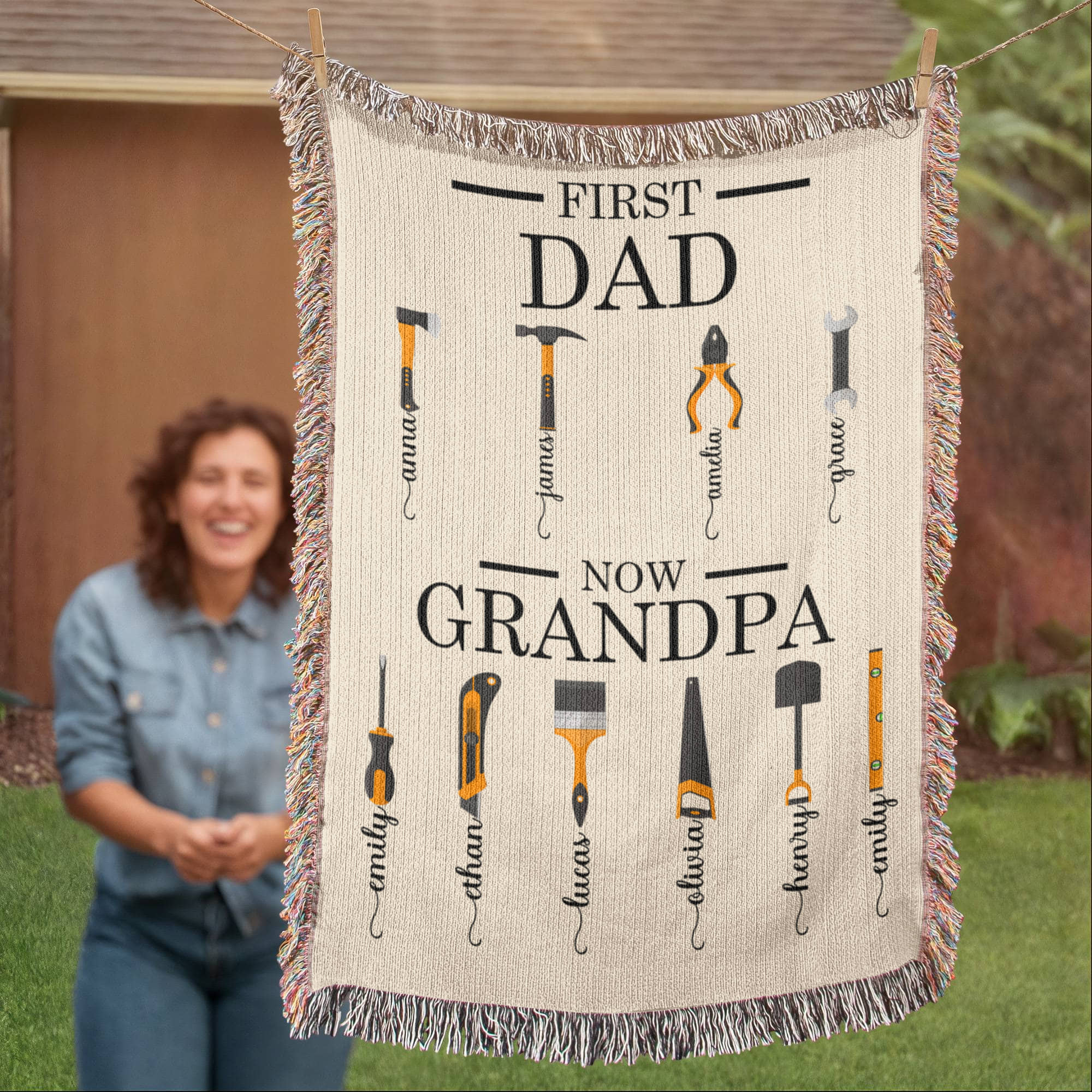 Personalized Heirloom Artwork Woven Blanket First Dad Now Grandpa-Express Your Love Gifts