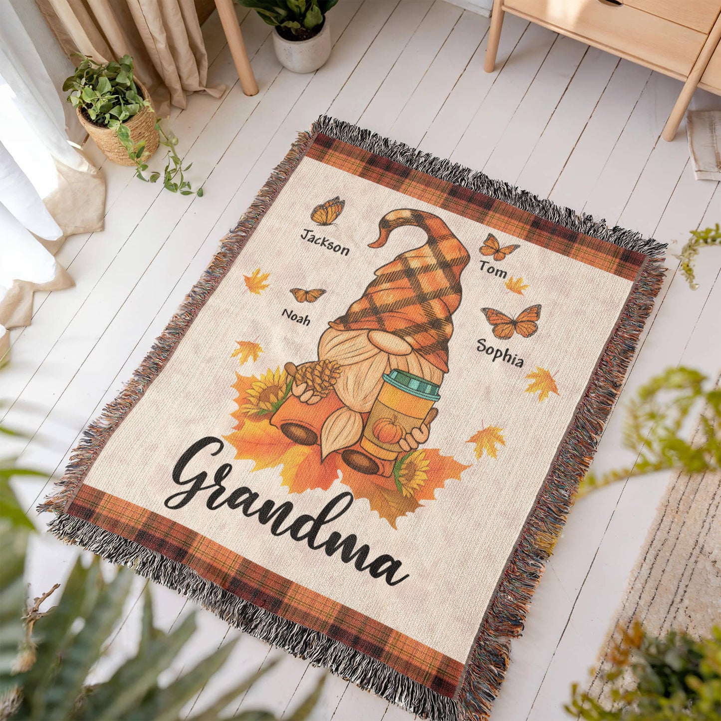 Personalized Heirloom Artwork Woven Blanket Gnome Grandma-Express Your Love Gifts