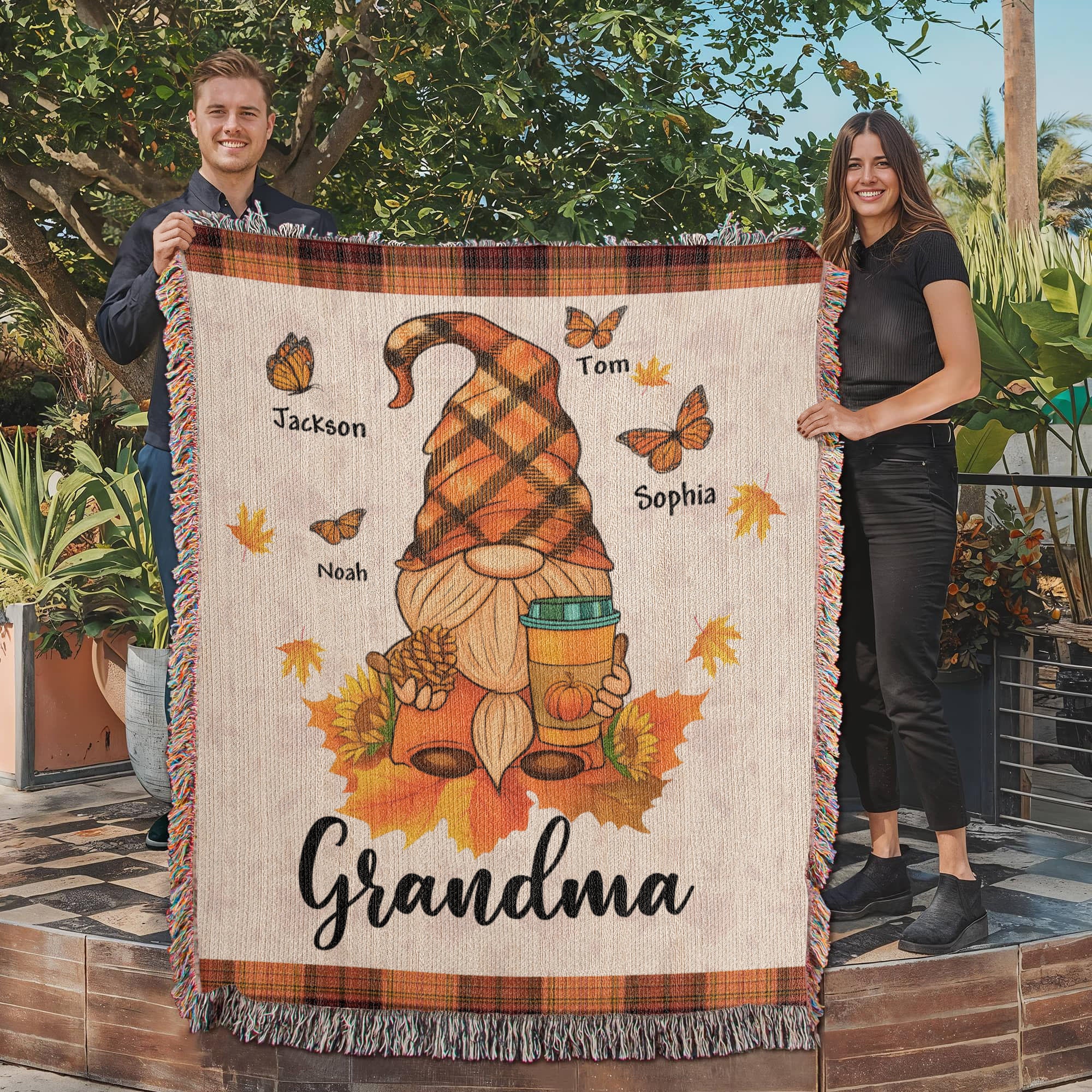 Personalized Heirloom Artwork Woven Blanket Gnome Grandma-Express Your Love Gifts