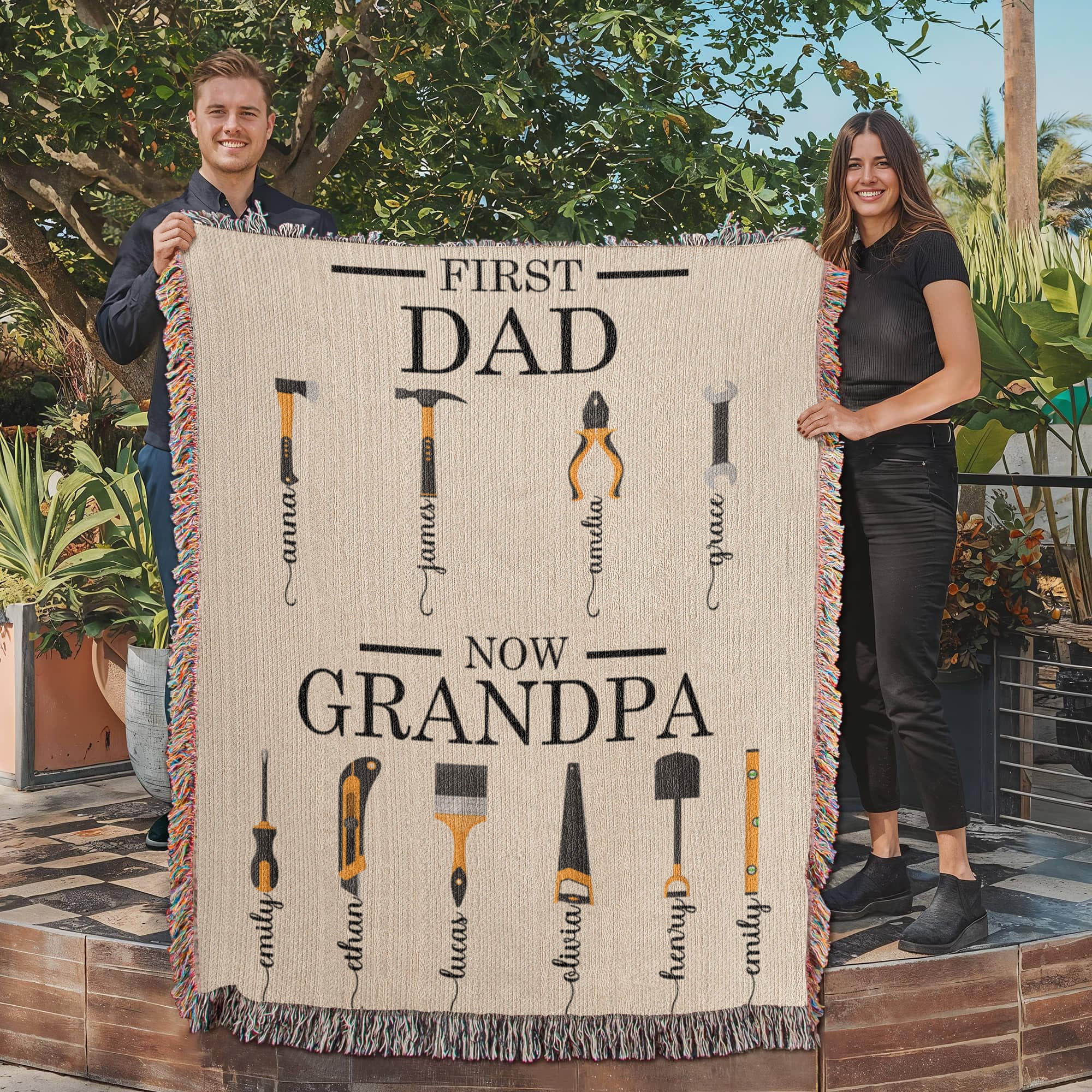Personalized Heirloom Artwork Woven Blanket First Dad Now Grandpa-Express Your Love Gifts