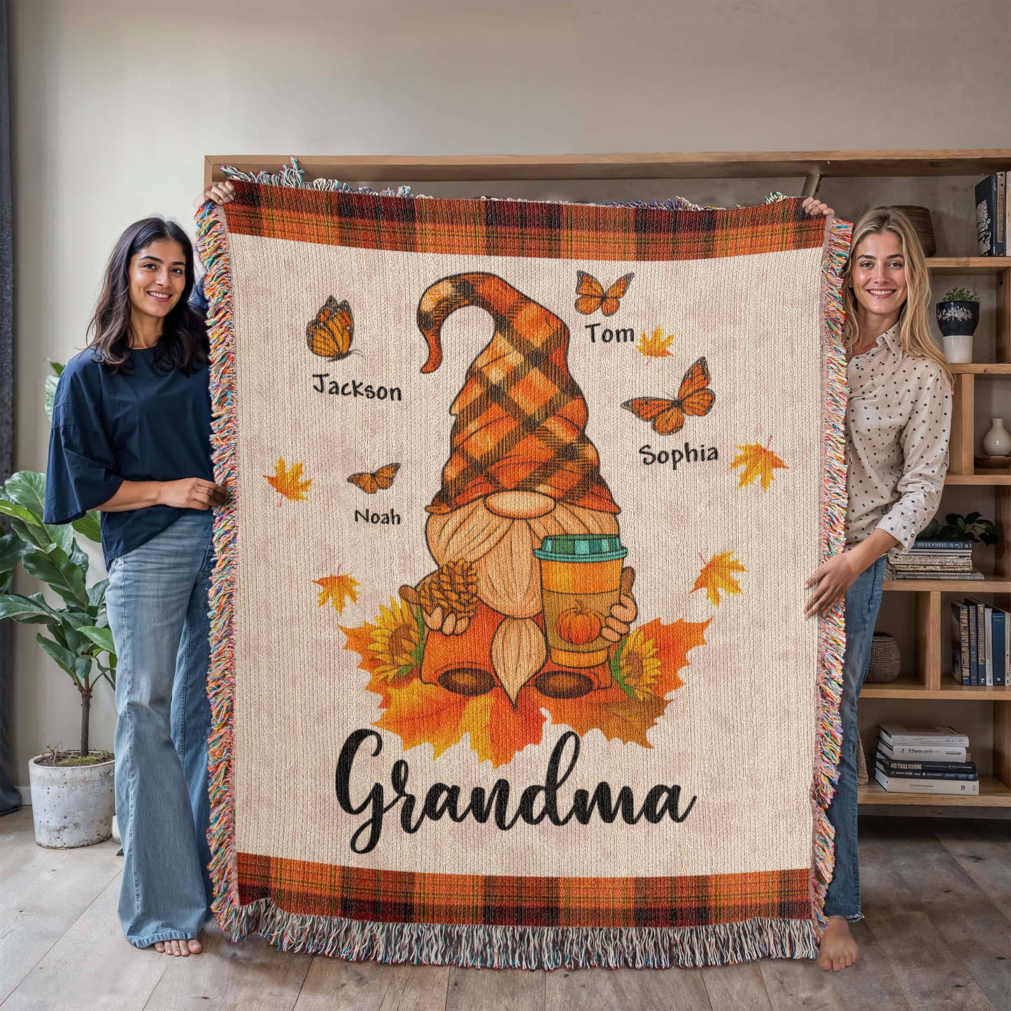 Personalized Heirloom Artwork Woven Blanket Gnome Grandma-Express Your Love Gifts