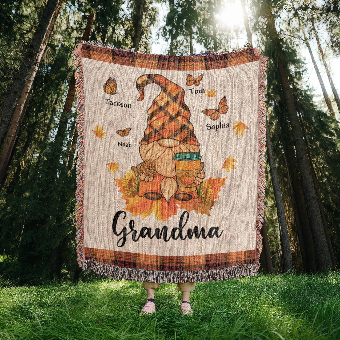 Personalized Heirloom Artwork Woven Blanket Gnome Grandma-Express Your Love Gifts