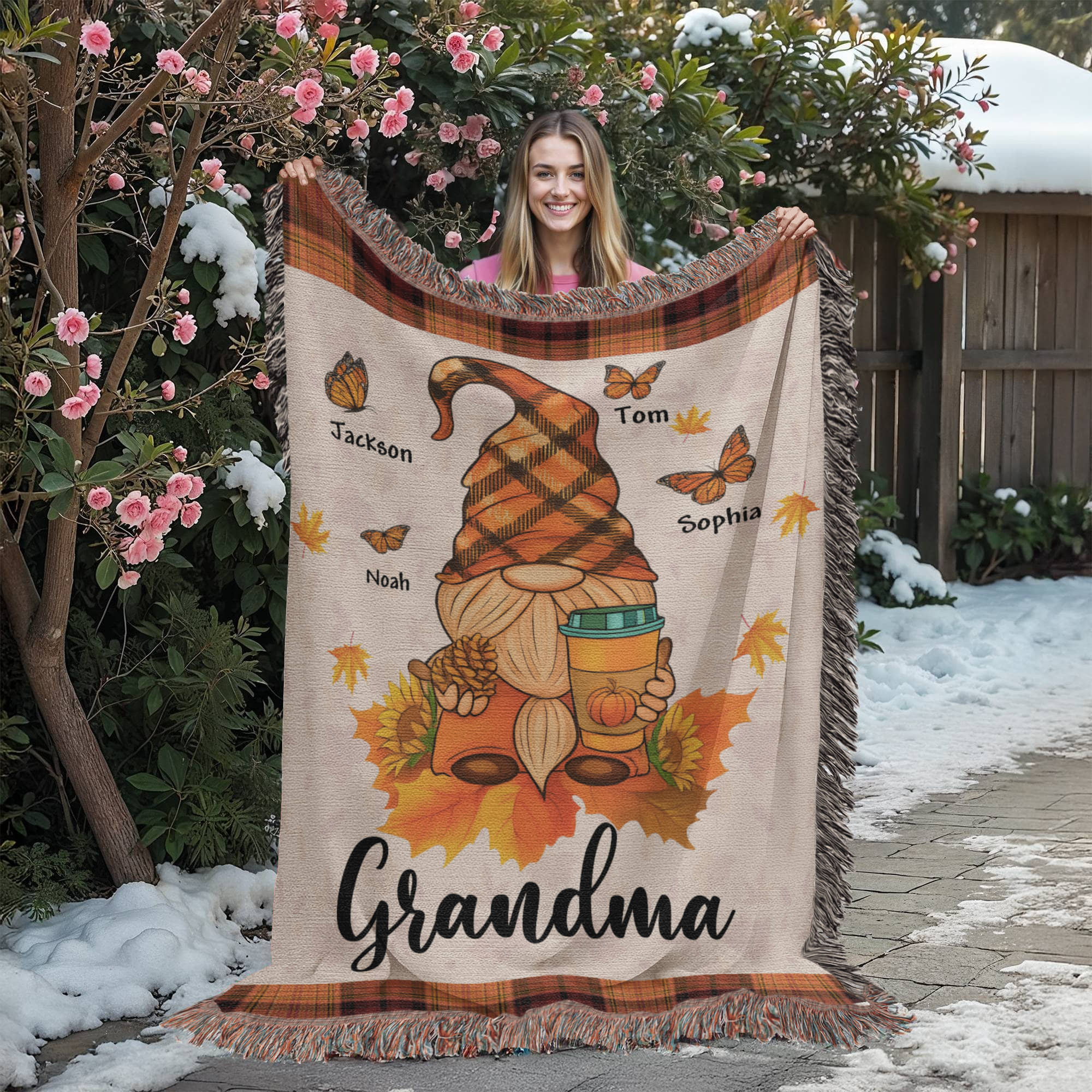 Personalized Heirloom Artwork Woven Blanket Gnome Grandma-Express Your Love Gifts