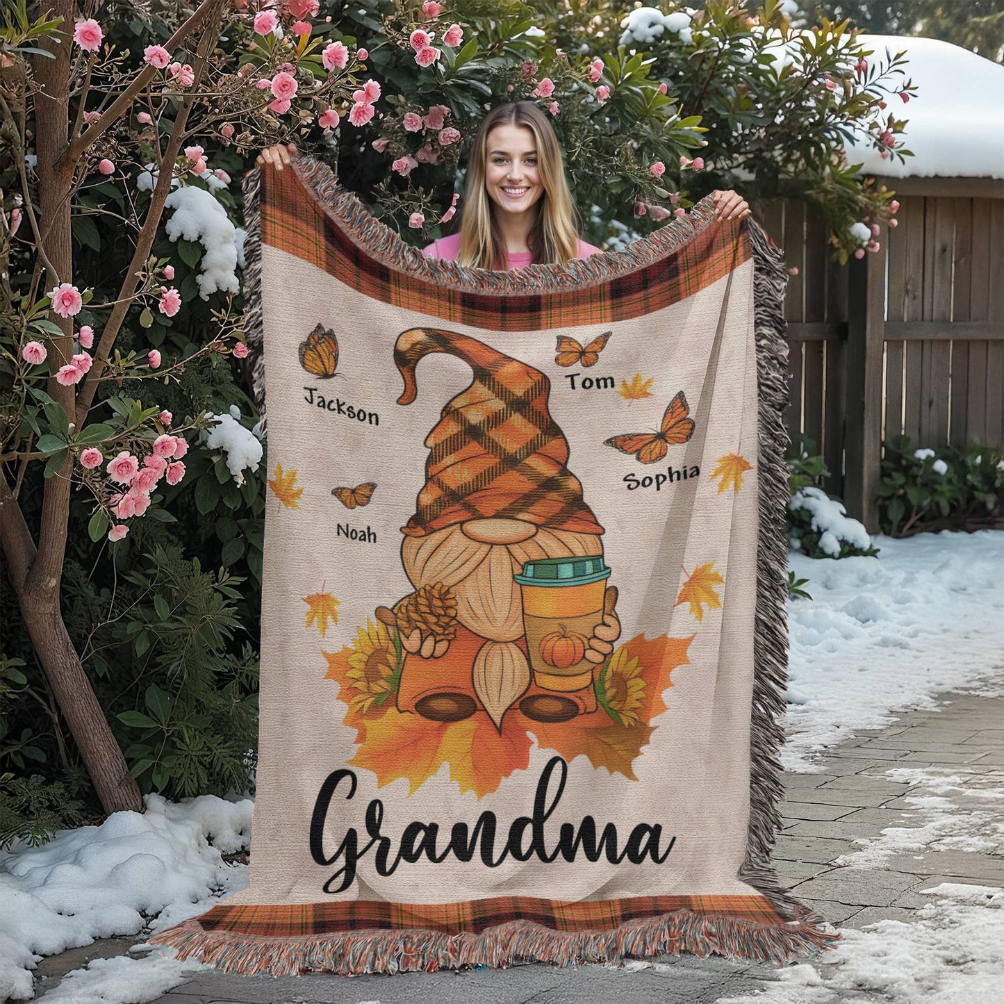 Personalized Heirloom Artwork Woven Blanket Gnome Grandma-Express Your Love Gifts