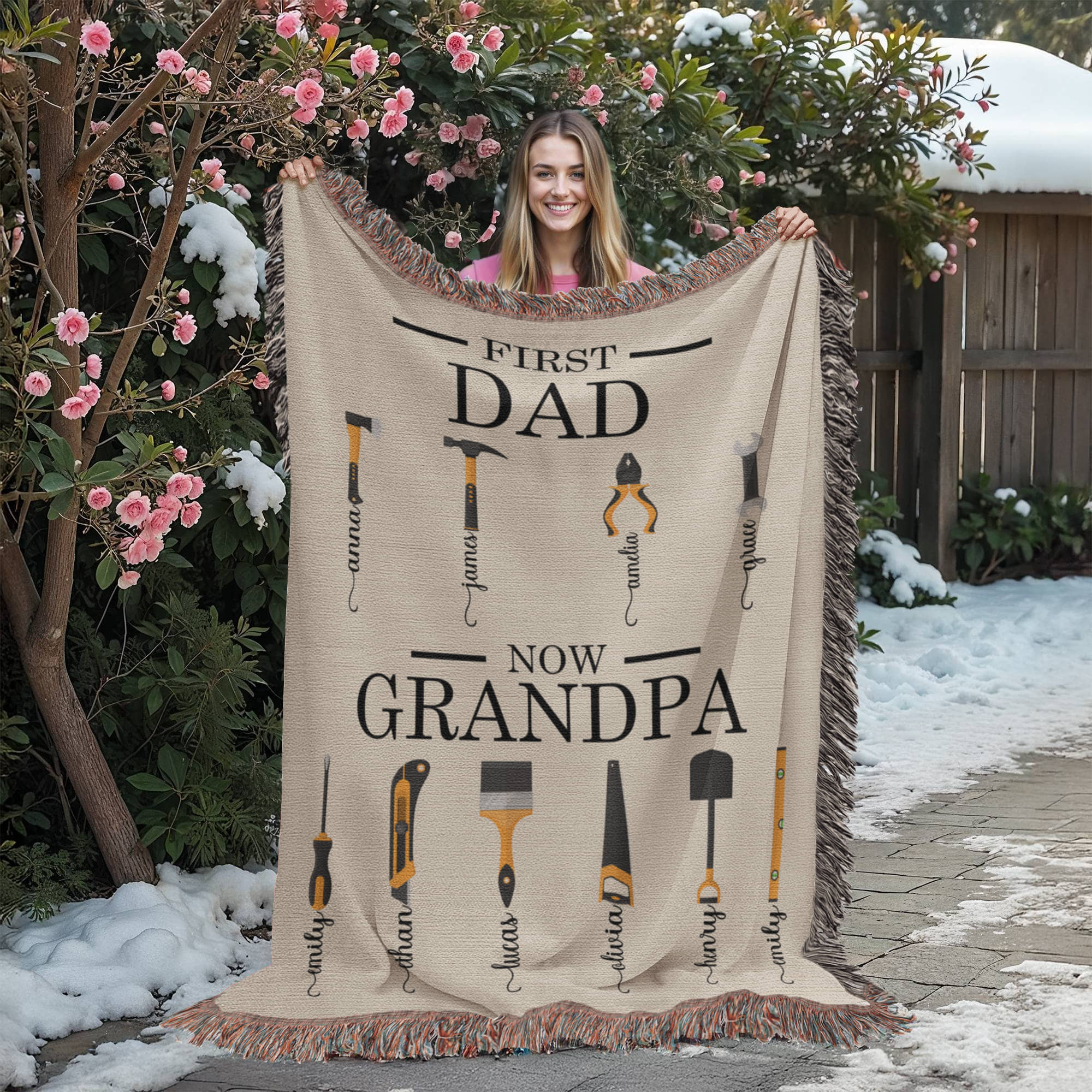 Personalized Heirloom Artwork Woven Blanket First Dad Now Grandpa-Express Your Love Gifts
