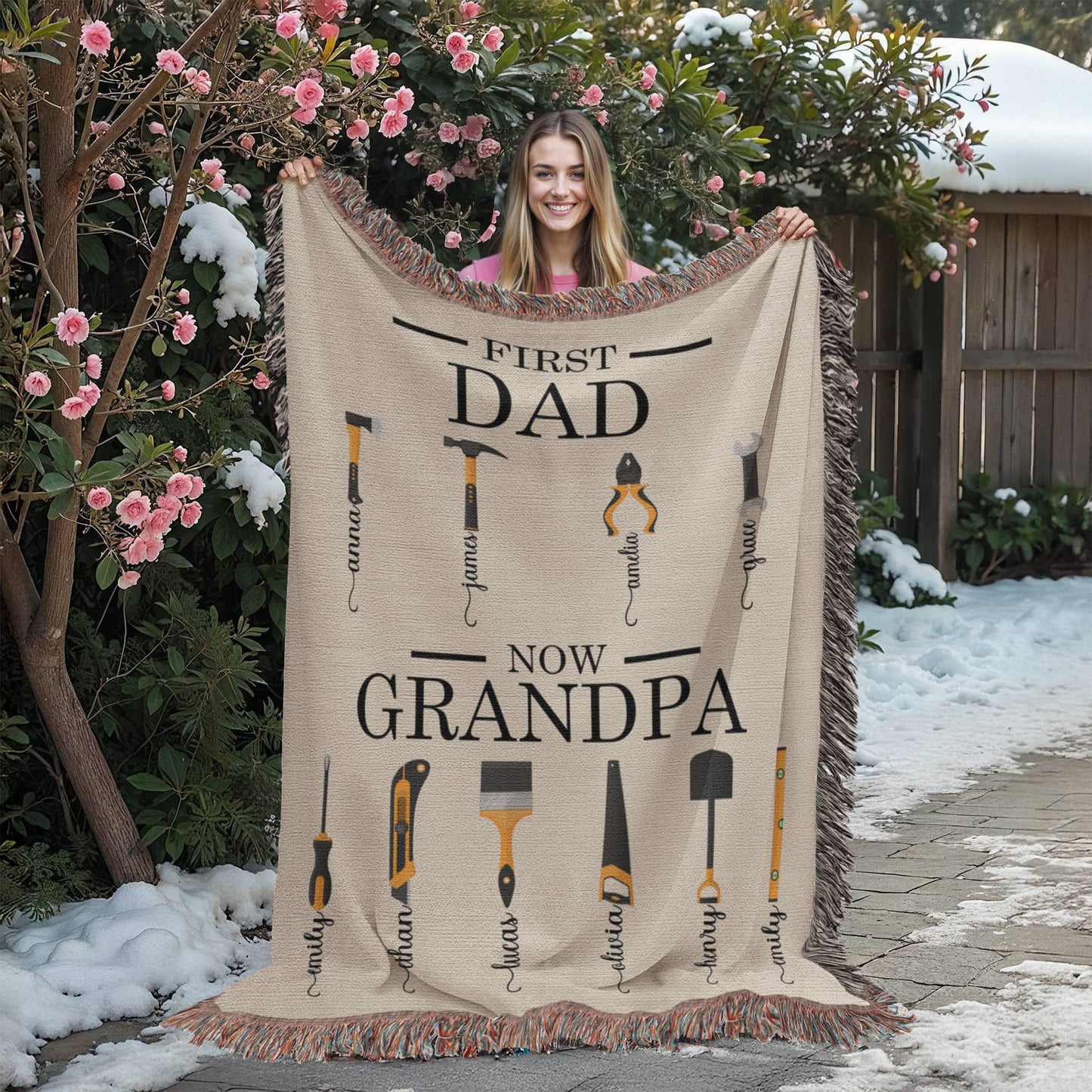Personalized Heirloom Artwork Woven Blanket First Dad Now Grandpa-Express Your Love Gifts