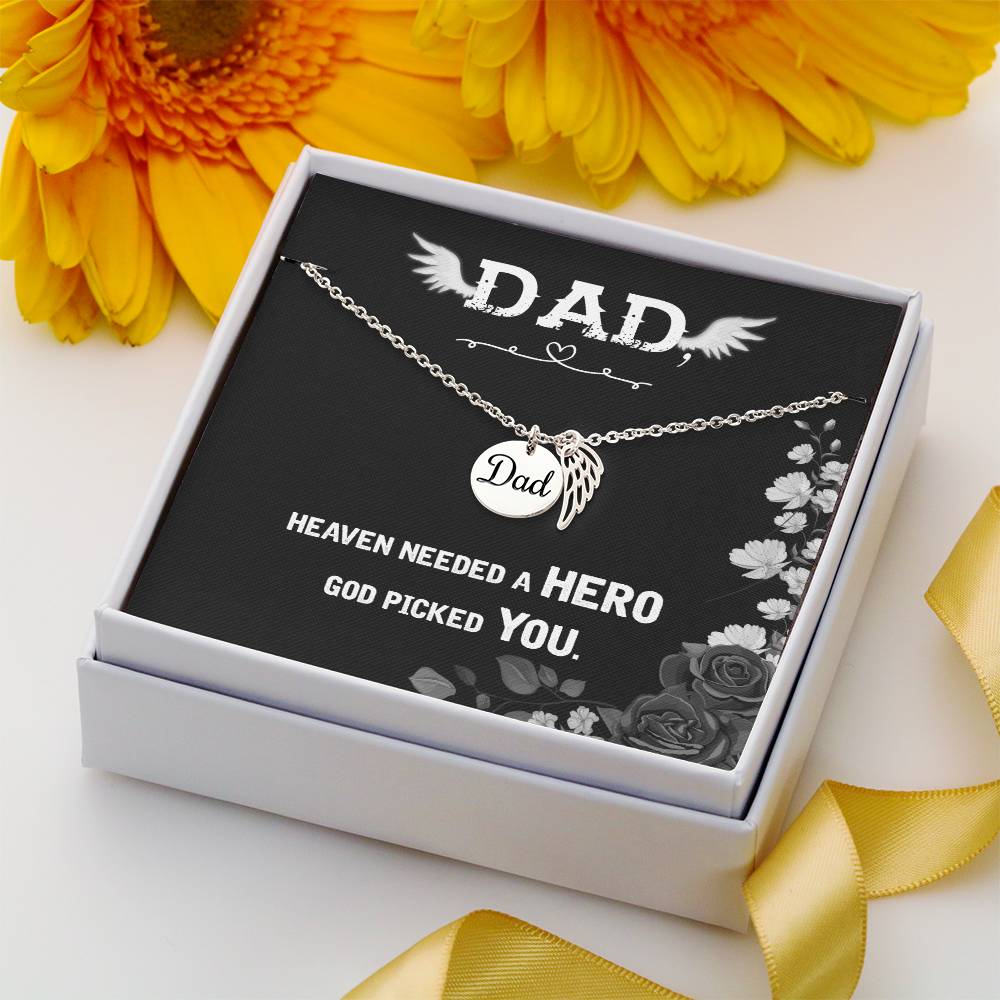 Heaven Needed a Hero Remembrance Necklace for Dad Angel Wing Charm Stainless Steel or 18k Gold Finish-Express Your Love Gifts