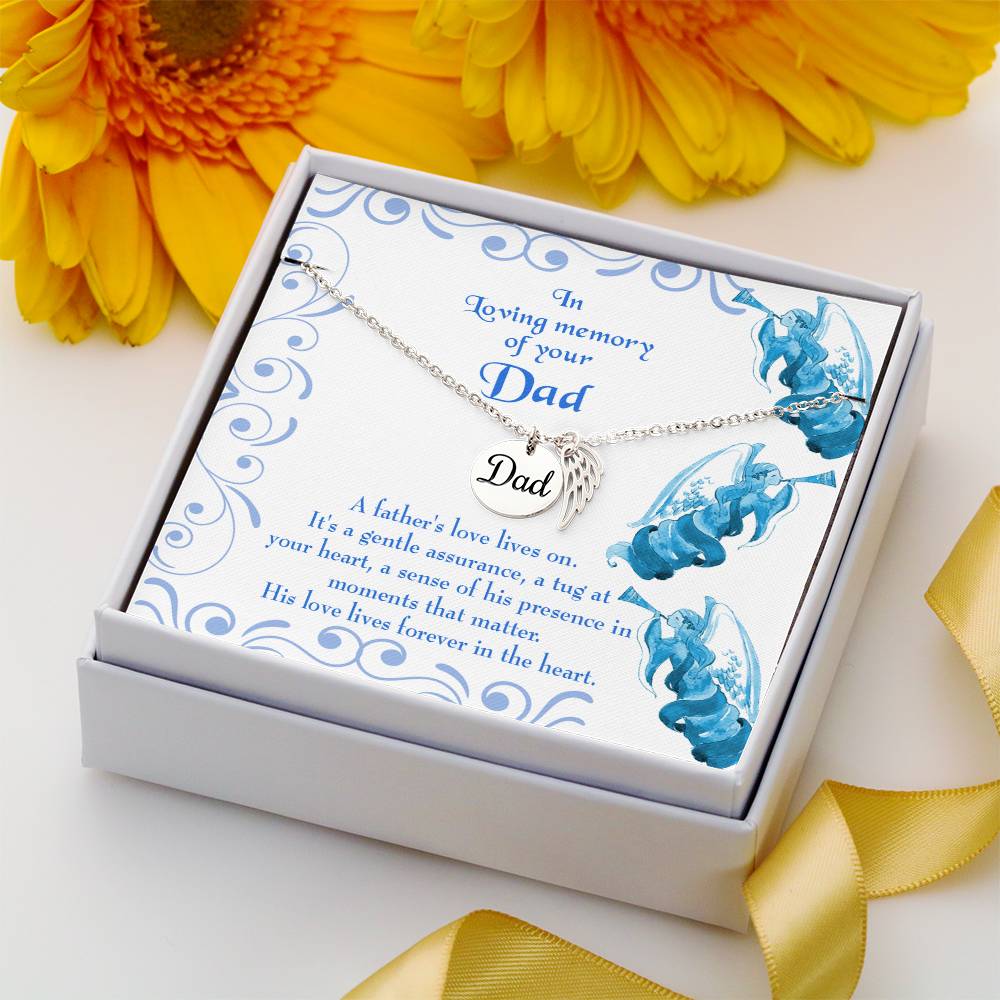 A Father's Love Lives On Remembrance Necklace for Dad Angel Wing Charm Stainless Steel or 18k Gold Finish-Express Your Love Gifts