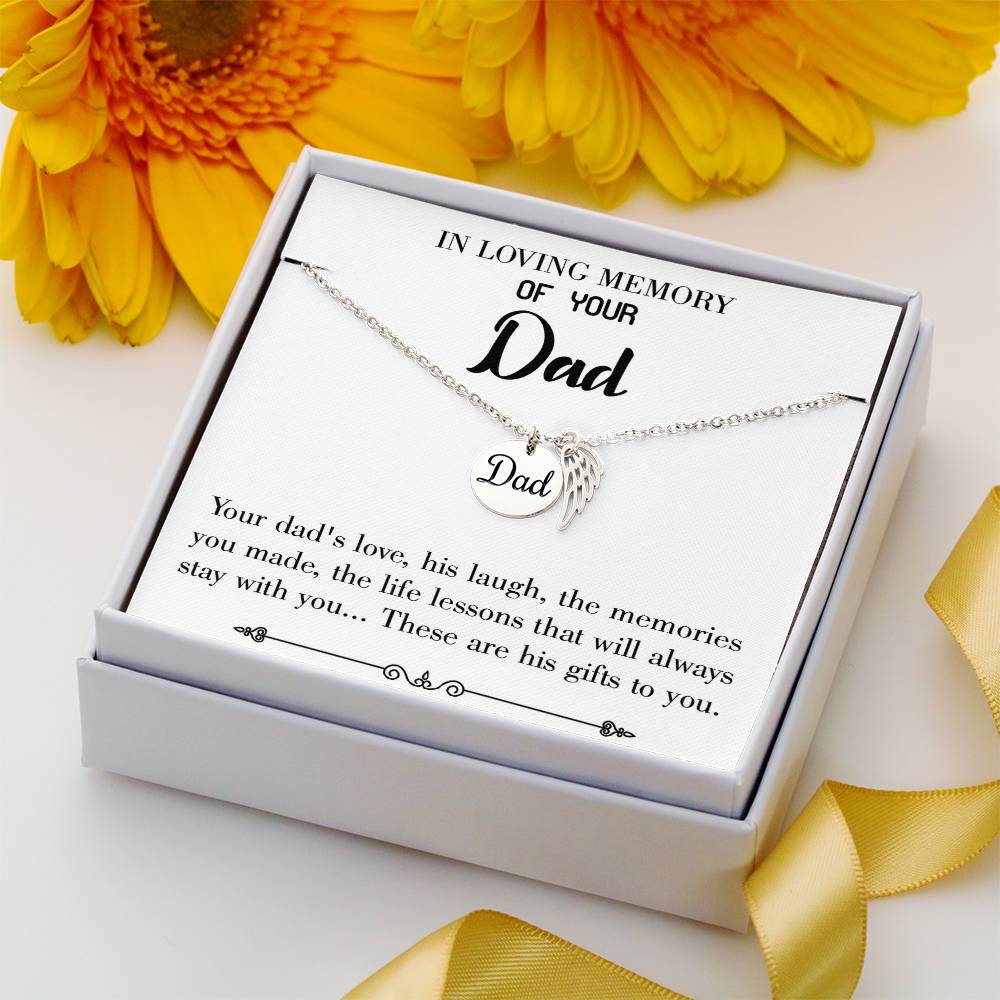 Life's Lesson Remembrance Necklace for Dad Angel Wing Charm Stainless Steel or 18k Gold Finish-Express Your Love Gifts