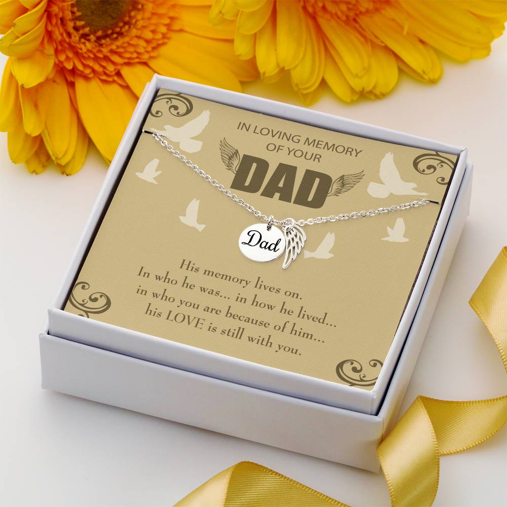 His Memory Lives On Remembrance Necklace for Dad Angel Wing Charm Stainless Steel or 18k Gold Finish-Express Your Love Gifts