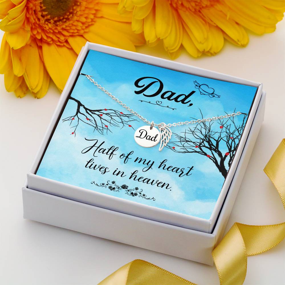 Half of My Heart Remembrance Necklace for Dad Angel Wing Charm Stainless Steel or 18k Gold Finish-Express Your Love Gifts