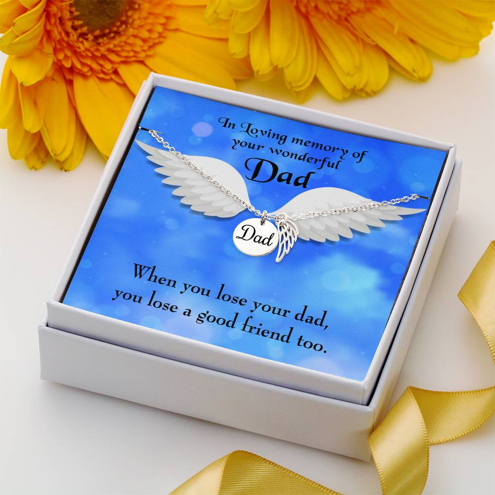 Dad and a Good Friend Remembrance Necklace for Dad Angel Wing Charm Stainless Steel or 18k Gold Finish-Express Your Love Gifts