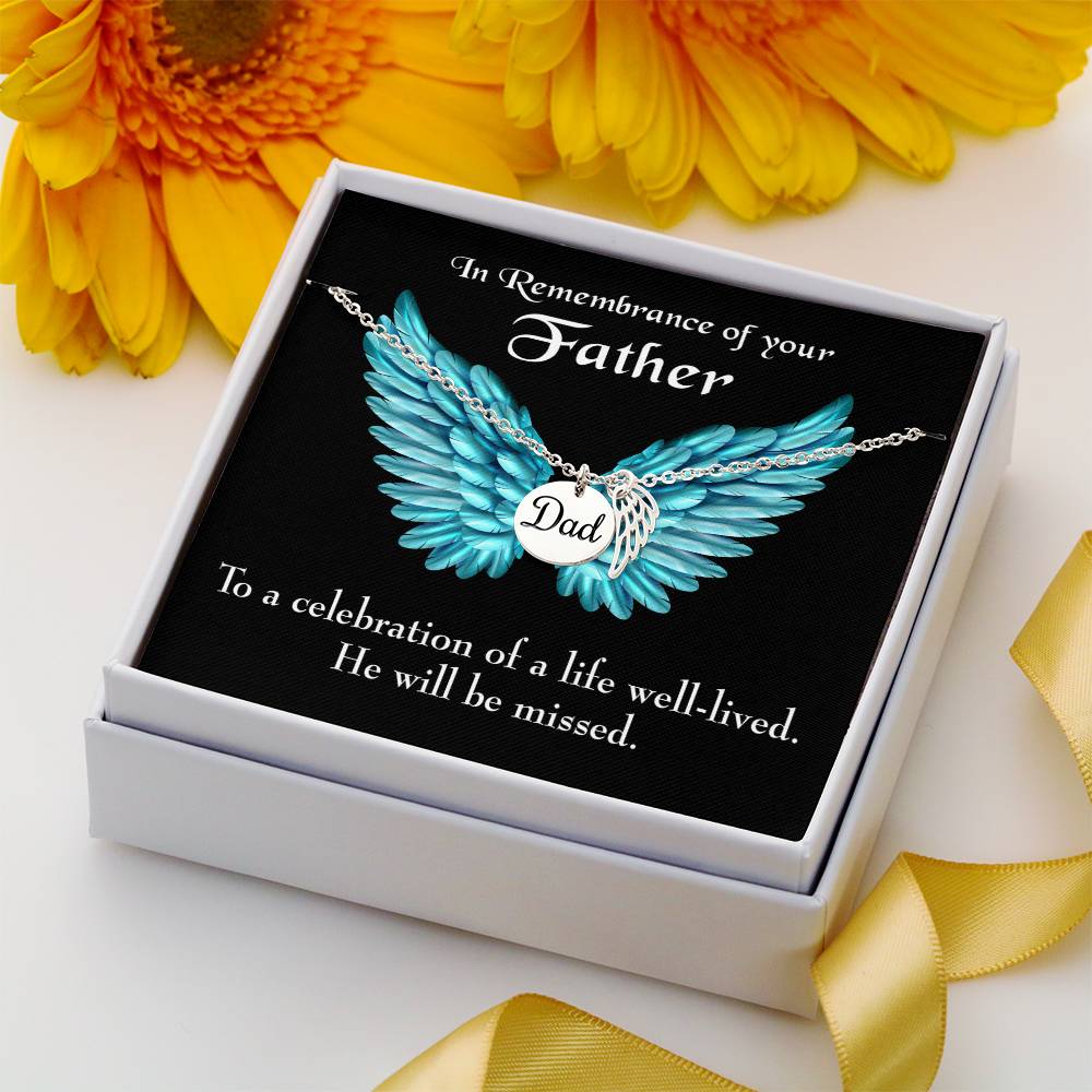 He Will Be Missed Remembrance Necklace for Dad Angel Wing Charm Stainless Steel or 18k Gold Finish-Express Your Love Gifts