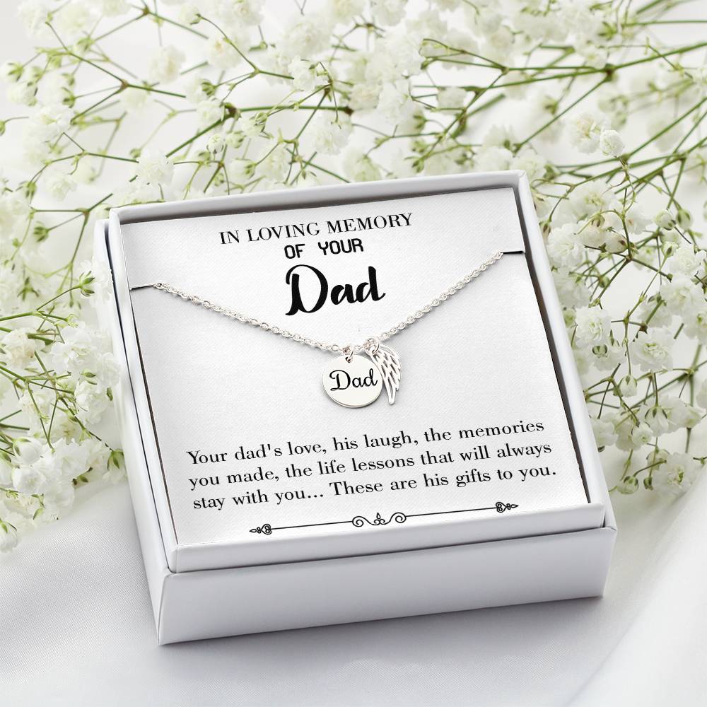 Life's Lesson Remembrance Necklace for Dad Angel Wing Charm Stainless Steel or 18k Gold Finish-Express Your Love Gifts