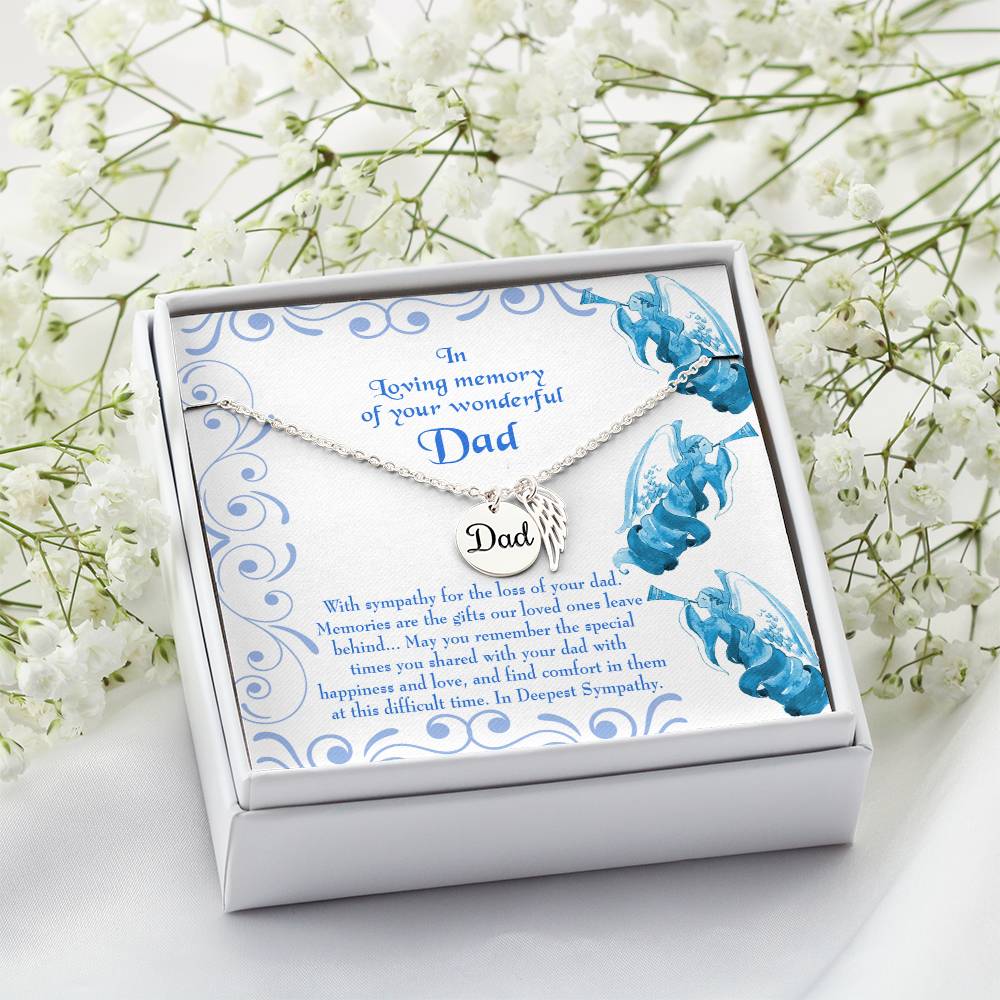 In Deepest Sympathy Remembrance Necklace for Dad Angel Wing Charm Stainless Steel or 18k Gold Finish-Express Your Love Gifts