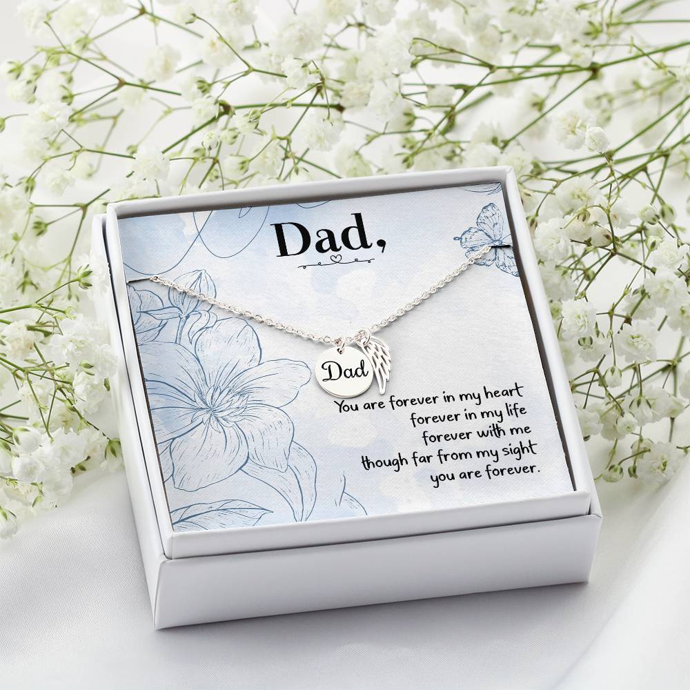 You are Forever in My Heart Dad Remembrance Necklace for Dad Angel Wing Charm Stainless Steel or 18k Gold Finish-Express Your Love Gifts