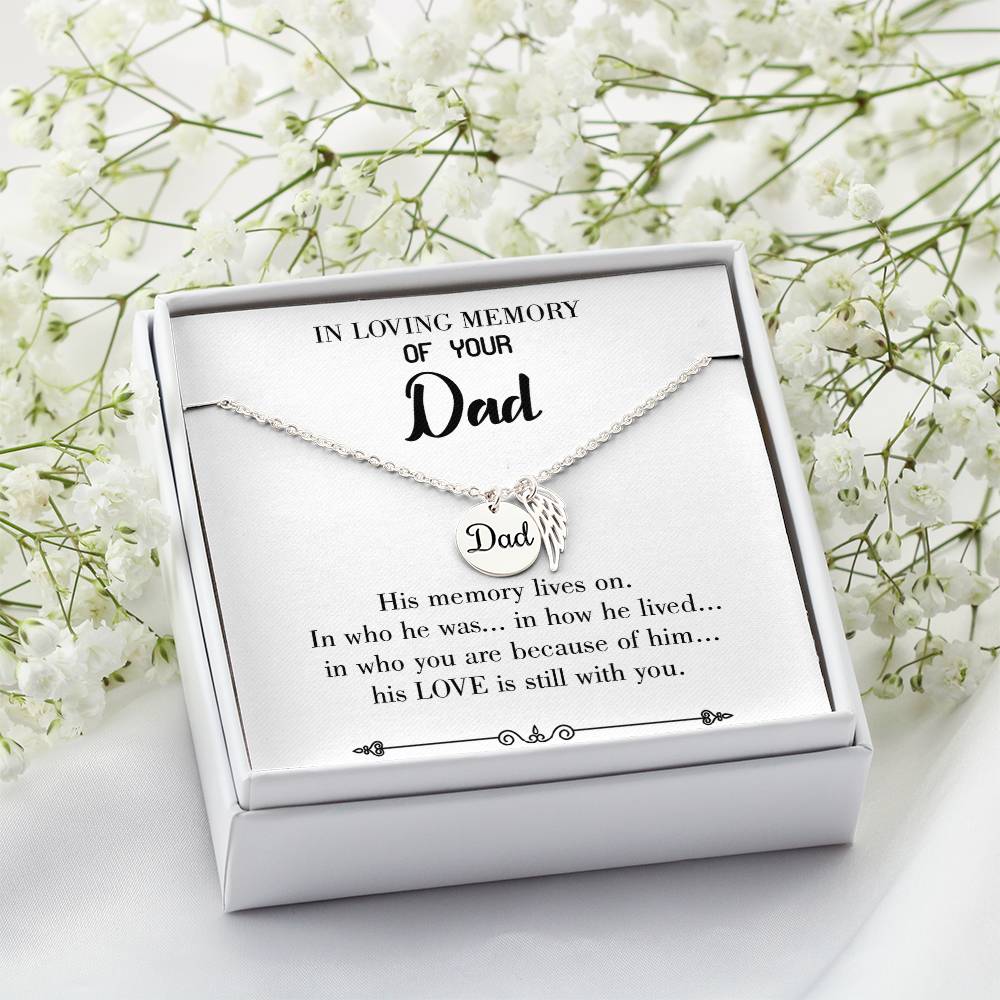 His Memory Lives Remembrance Necklace for Dad Angel Wing Charm Stainless Steel or 18k Gold Finish-Express Your Love Gifts