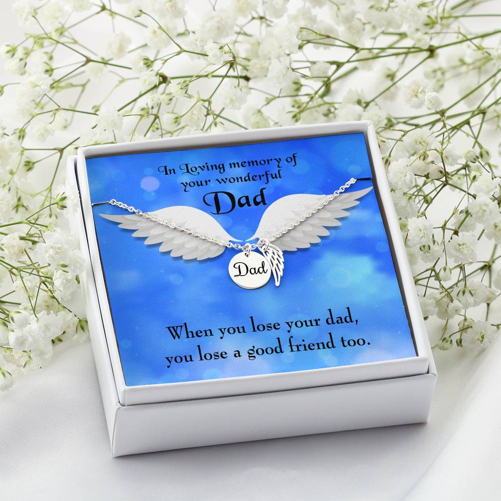 Dad and a Good Friend Remembrance Necklace for Dad Angel Wing Charm Stainless Steel or 18k Gold Finish-Express Your Love Gifts
