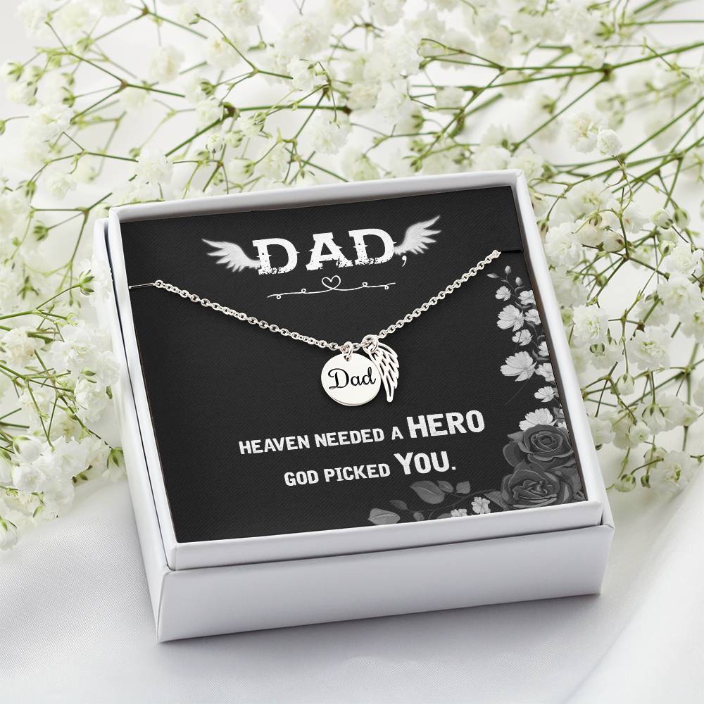 Heaven Needed a Hero Remembrance Necklace for Dad Angel Wing Charm Stainless Steel or 18k Gold Finish-Express Your Love Gifts