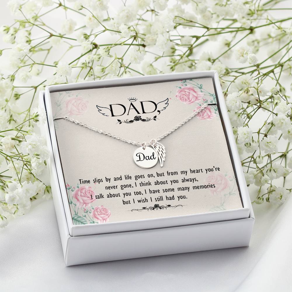 Time Slips By Remembrance Necklace for Dad Angel Wing Charm Stainless Steel or 18k Gold Finish-Express Your Love Gifts