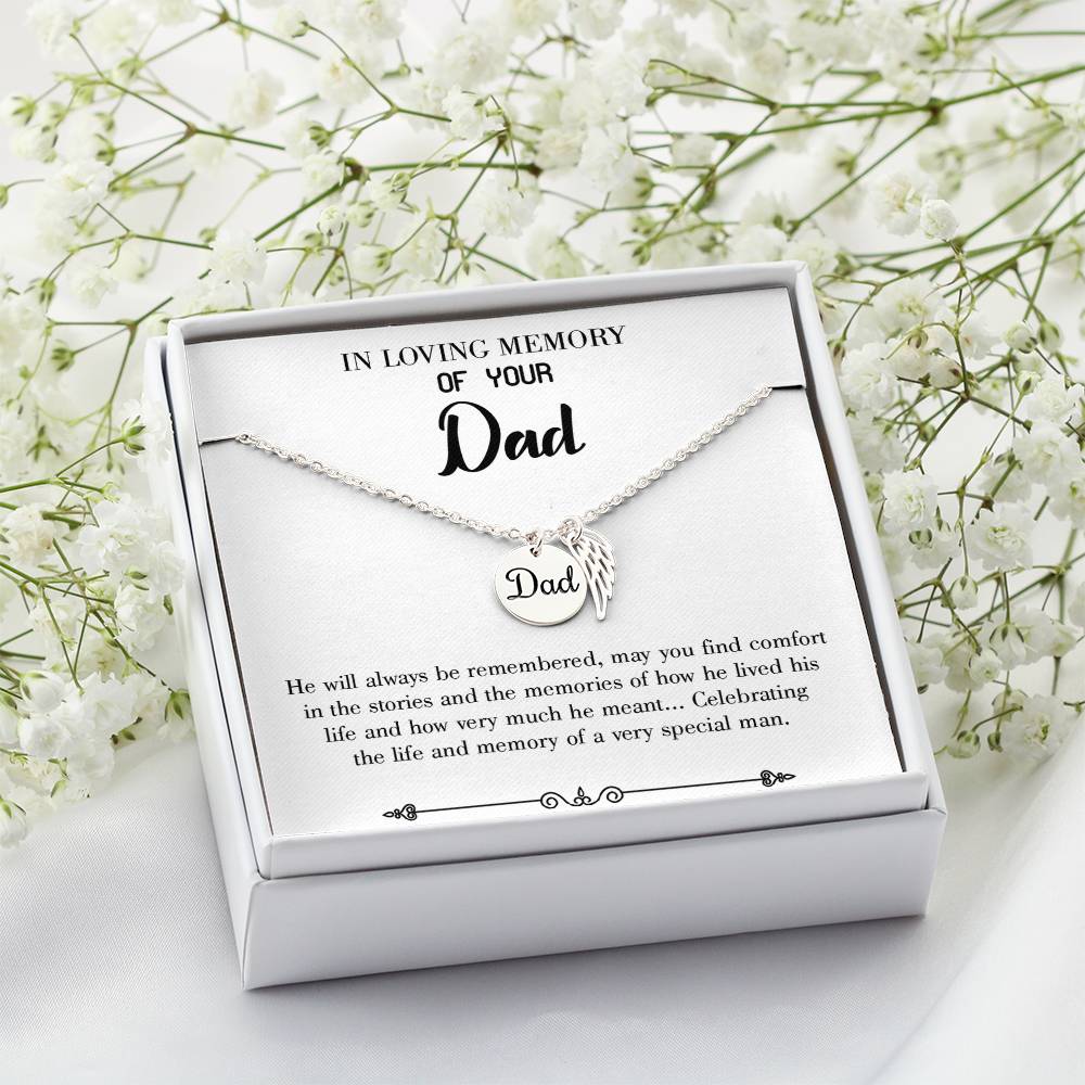 Celebrating Life Remembrance Necklace for Dad Angel Wing Charm Stainless Steel or 18k Gold Finish-Express Your Love Gifts