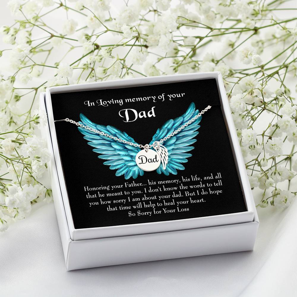 Honoring Your Dad Remembrance Necklace for Dad Angel Wing Charm Stainless Steel or 18k Gold Finish-Express Your Love Gifts